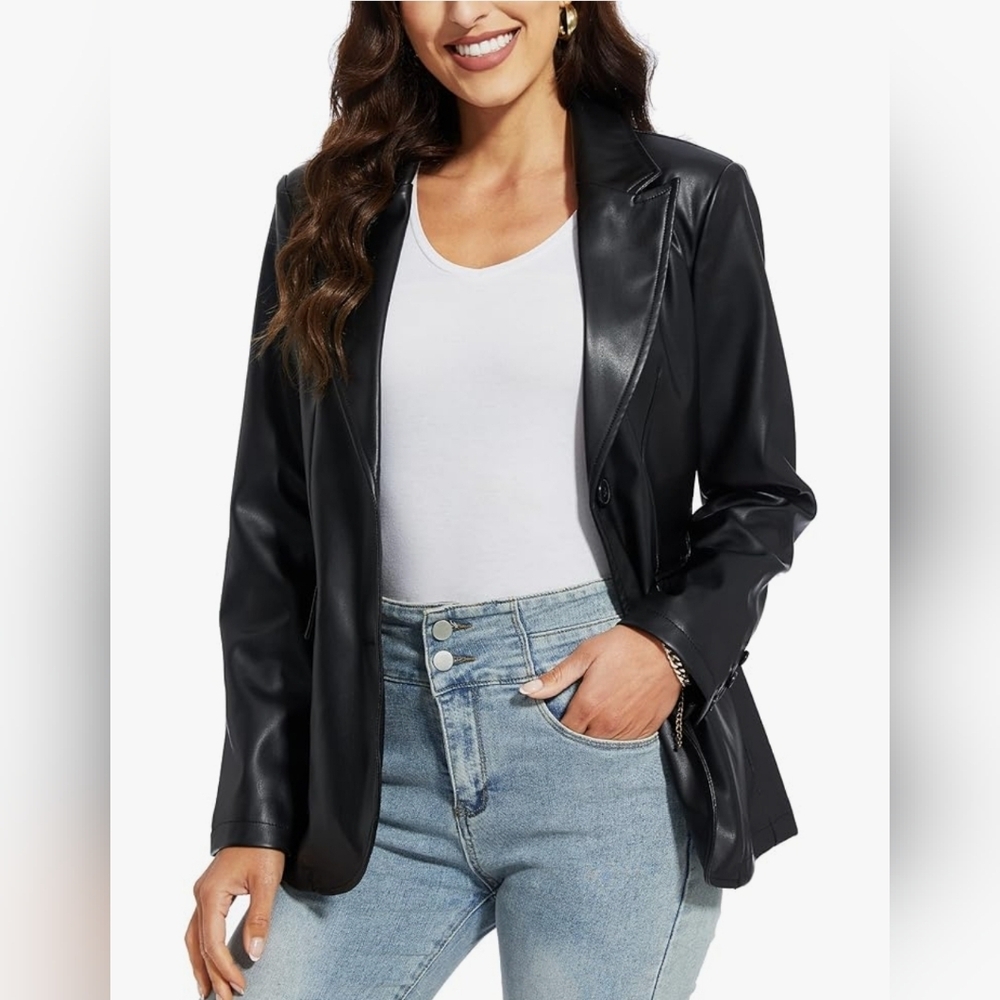 New XL Fahsyee Women's Faux Leather Blazer Jacket Bikercore Grunge - Picture 7 of 7
